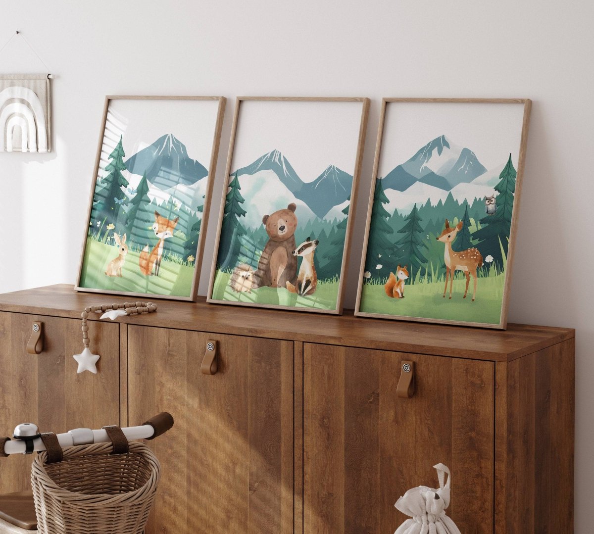 Mountain & Woodland Animal Prints | Set of 3 | Green Forest Wall Art for Unisex Nursery - RoseRowanDesign -