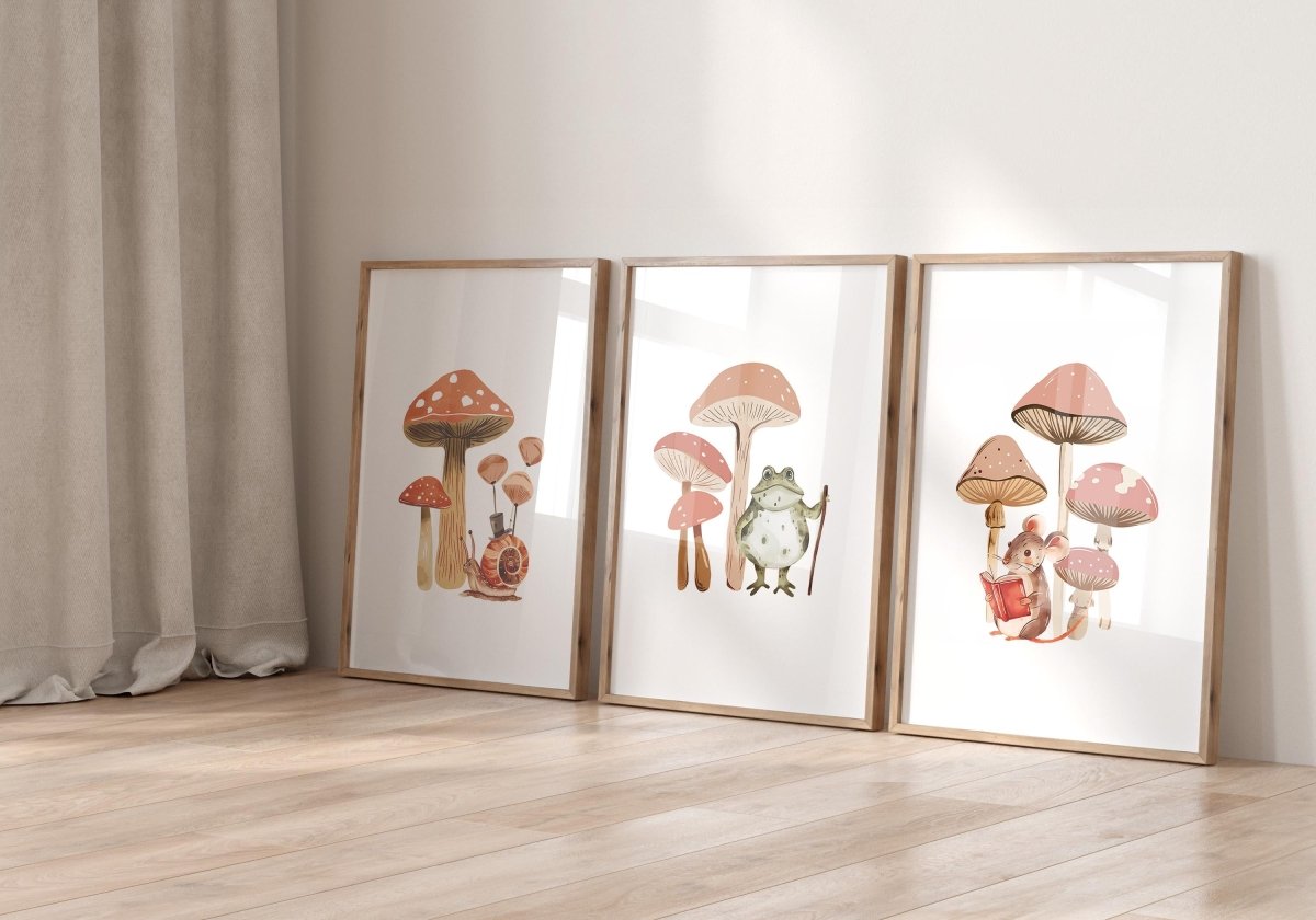Mushroom Nursery Prints | Set of 3 | Neutral Boho Forest Wall Art for Kids' Bedroom - RoseRowanDesign -