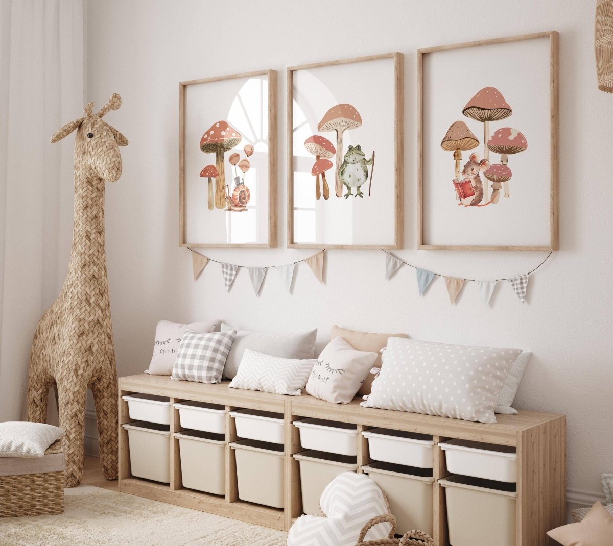 Mushroom Nursery Prints | Set of 3 | Neutral Boho Forest Wall Art for Kids' Bedroom - RoseRowanDesign -
