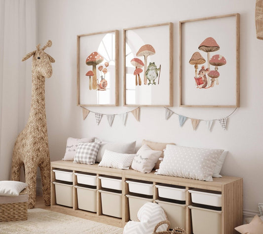 Mushroom Nursery Prints | Set of 3 | Neutral Boho Forest Wall Art for Kids' Bedroom - RoseRowanDesign -