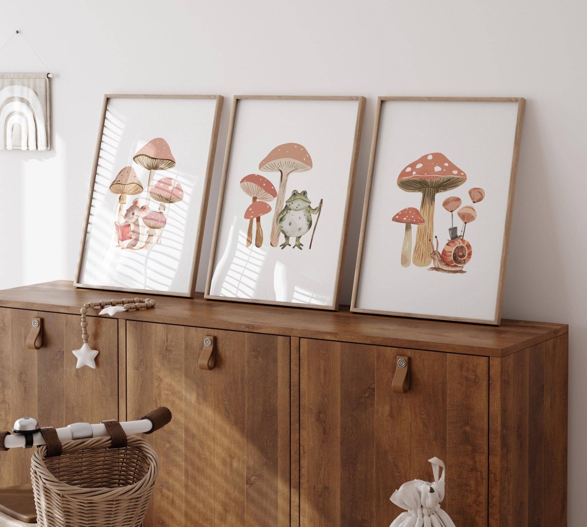 Mushroom Nursery Prints | Set of 3 | Neutral Boho Forest Wall Art for Kids' Bedroom - RoseRowanDesign -