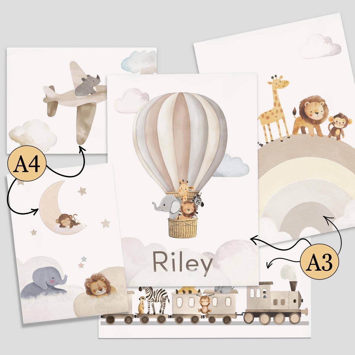 Neutral Safari Nursery Gallery Wall Art – Personalised Animal Prints - RoseRowanDesign - Wall Art
