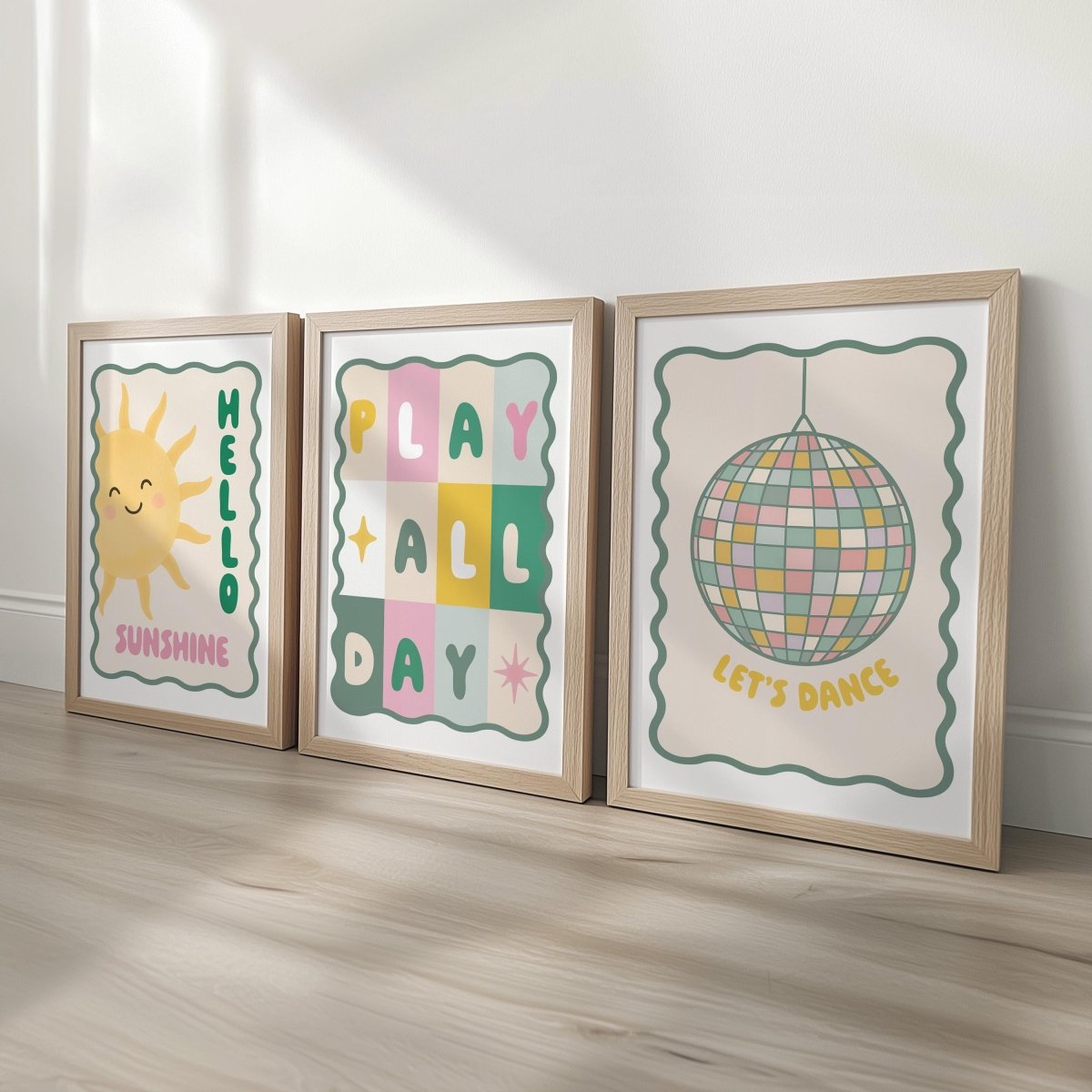 Nursery Wall Art Set of 3 - Sunshine Play All Day Disco Ball Pastel Prints with Frame Options - RoseRowanDesign -