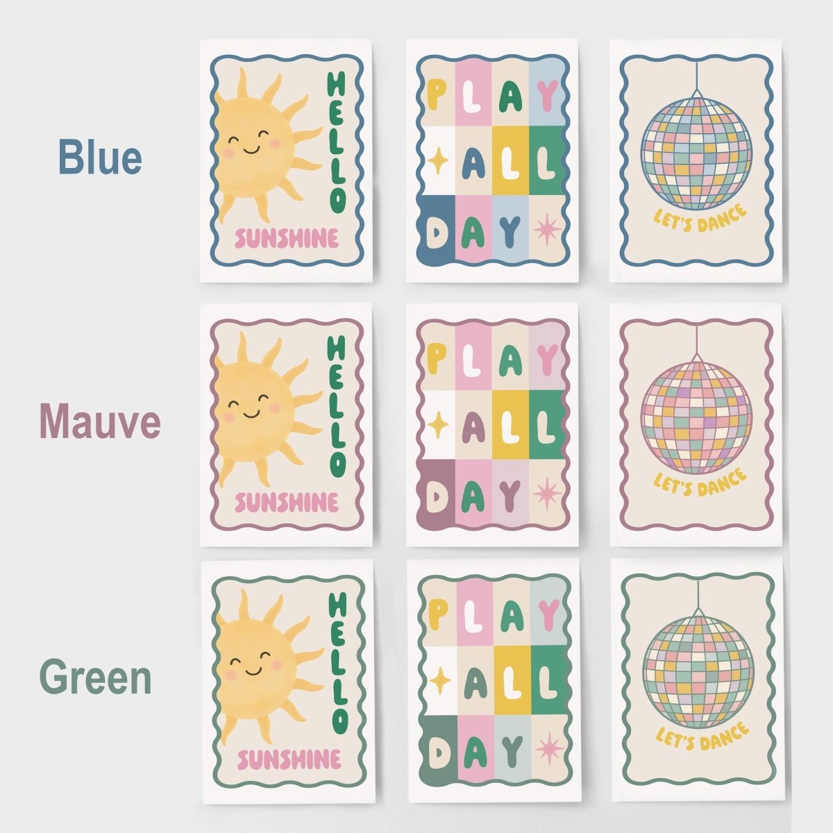 Nursery Wall Art Set of 3 - Sunshine Play All Day Disco Ball Pastel Prints with Frame Options - RoseRowanDesign -