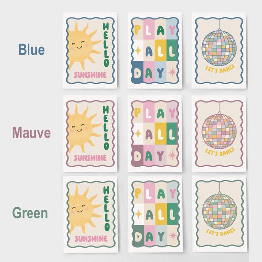 Nursery Wall Art Set of 3 - Sunshine Play All Day Disco Ball Pastel Prints with Frame Options - RoseRowanDesign -