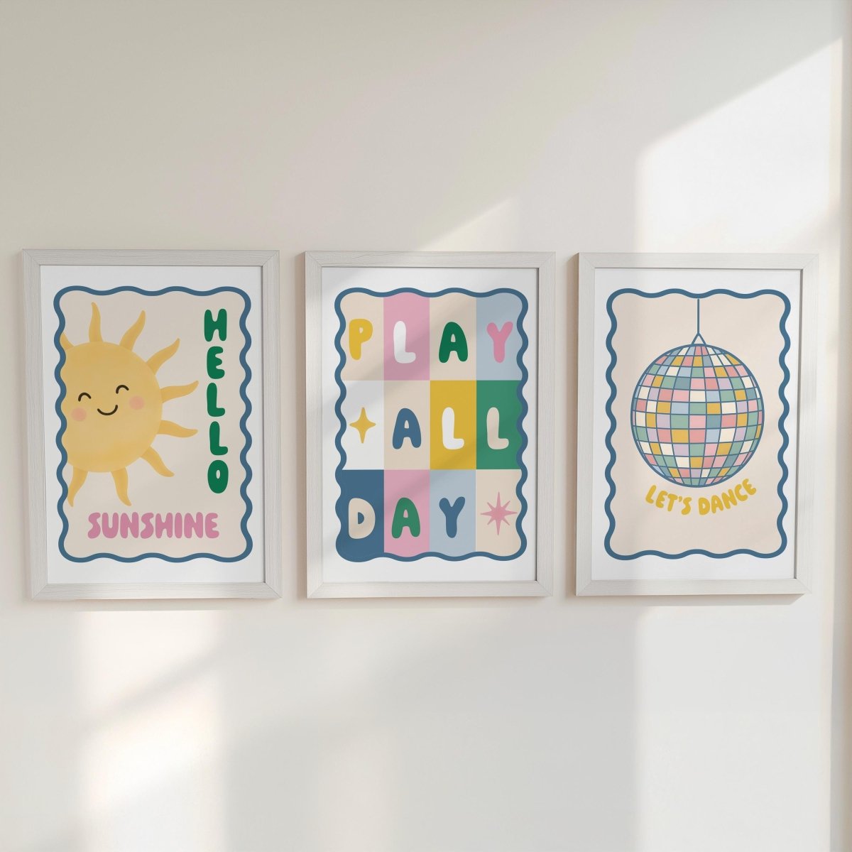 Nursery Wall Art Set of 3 - Sunshine Play All Day Disco Ball Pastel Prints with Frame Options - RoseRowanDesign -