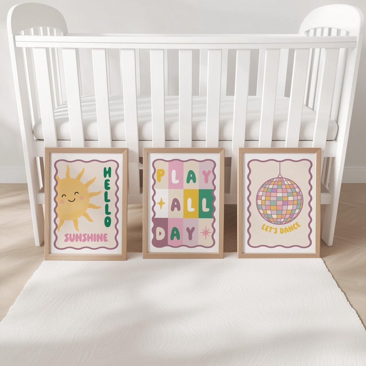 Nursery Wall Art Set of 3 - Sunshine Play All Day Disco Ball Pastel Prints with Frame Options - RoseRowanDesign -