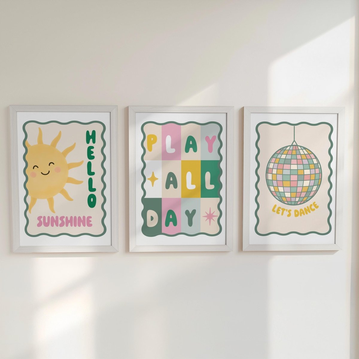 Nursery Wall Art Set of 3 - Sunshine Play All Day Disco Ball Pastel Prints with Frame Options - RoseRowanDesign -