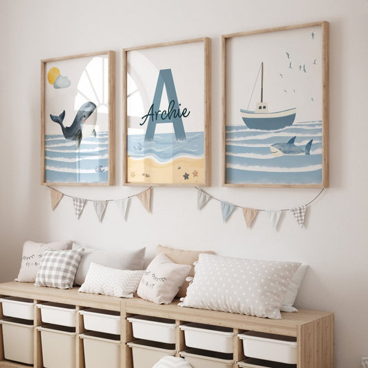 Ocean Nursery Prints | Set of 3 | Personalized ocean Wall Art for childs' Room - RoseRowanDesign -
