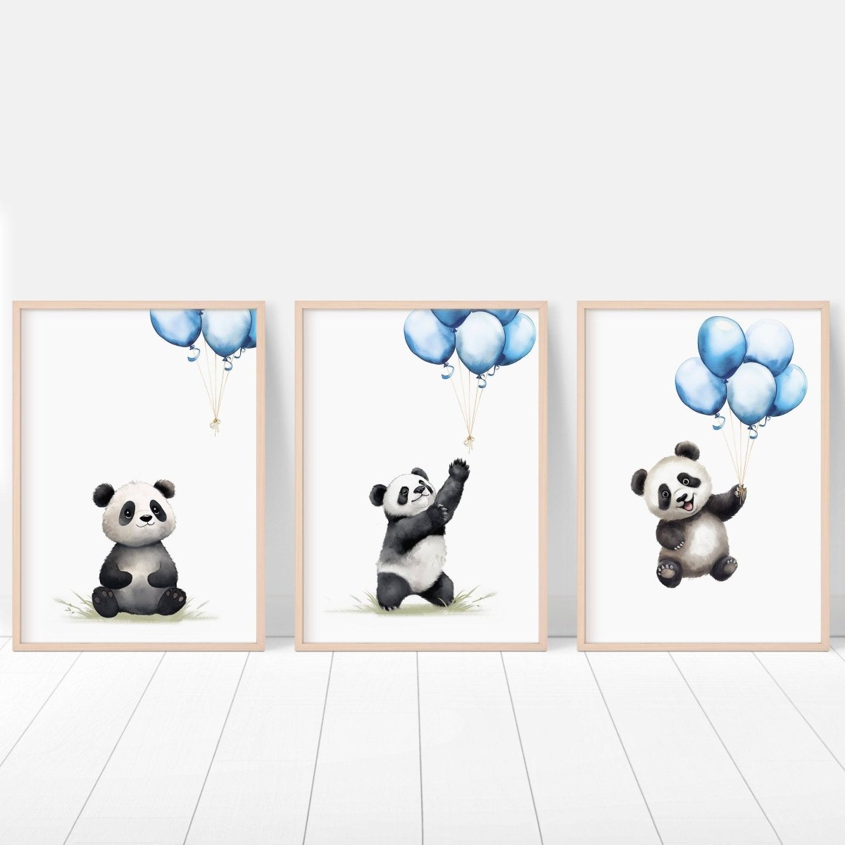 Panda Bear Nursery Prints | Set of 3 | Blue Balloon Wall Art for Baby Boy's Room - RoseRowanDesign -