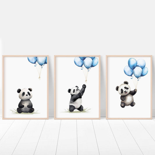 Panda Bear Nursery Prints | Set of 3 | Blue Balloon Wall Art for Baby Boy's Room - RoseRowanDesign -
