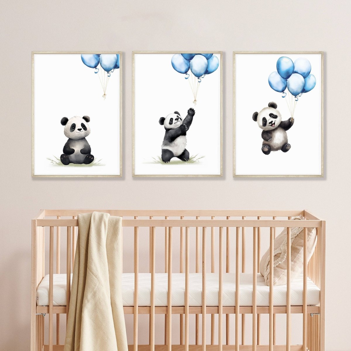 Panda Bear Nursery Prints | Set of 3 | Blue Balloon Wall Art for Baby Boy's Room - RoseRowanDesign -