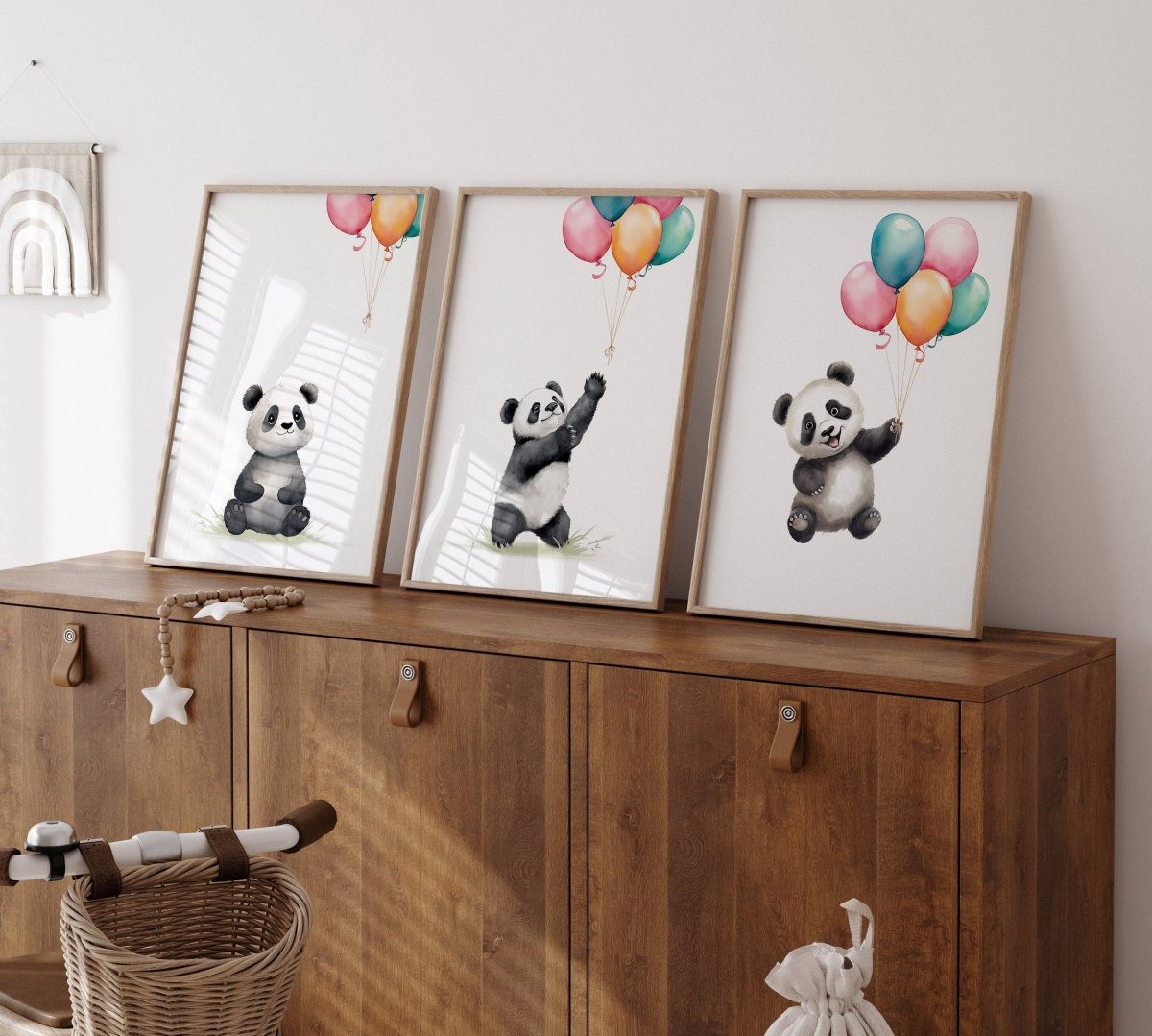 Panda Bear Nursery Prints | Set of 3 | Neutral Animal Wall Art for Baby's Bedroom - RoseRowanDesign -