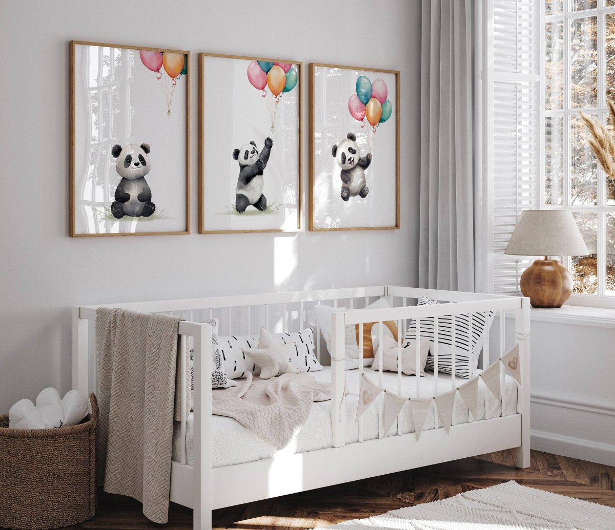 Panda Bear Nursery Prints | Set of 3 | Neutral Animal Wall Art for Baby's Bedroom - RoseRowanDesign -