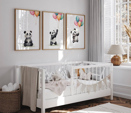 Panda Bear Nursery Prints | Set of 3 | Neutral Animal Wall Art for Baby's Bedroom - RoseRowanDesign -
