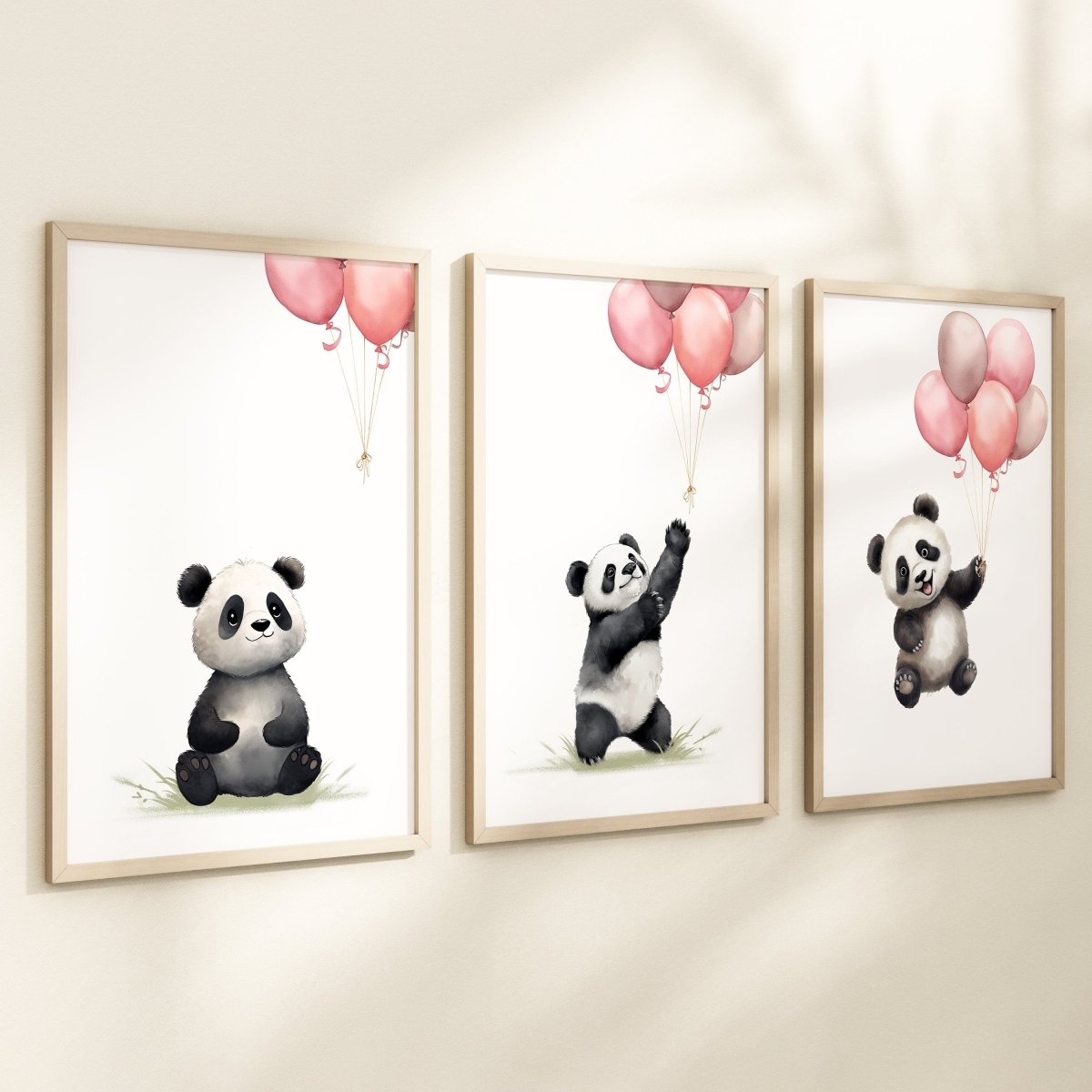 Panda Bear Nursery Prints | Set of 3 | Pink Balloon Wall Art for Baby Girl's Bedroom - RoseRowanDesign -