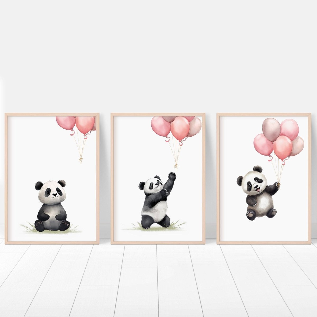 Panda Bear Nursery Prints | Set of 3 | Pink Balloon Wall Art for Baby Girl's Bedroom - RoseRowanDesign -