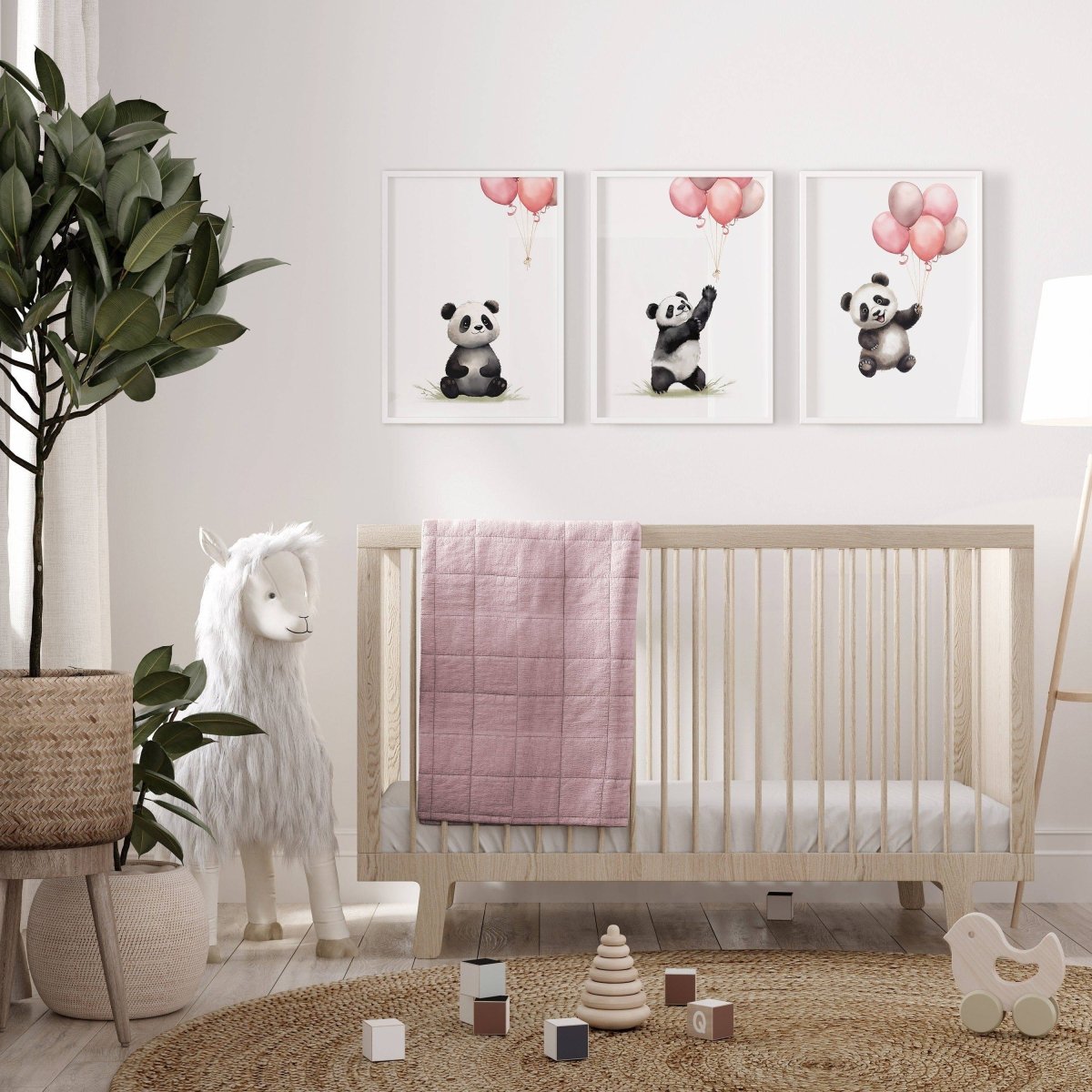 Panda Bear Nursery Prints | Set of 3 | Pink Balloon Wall Art for Baby Girl's Bedroom - RoseRowanDesign -