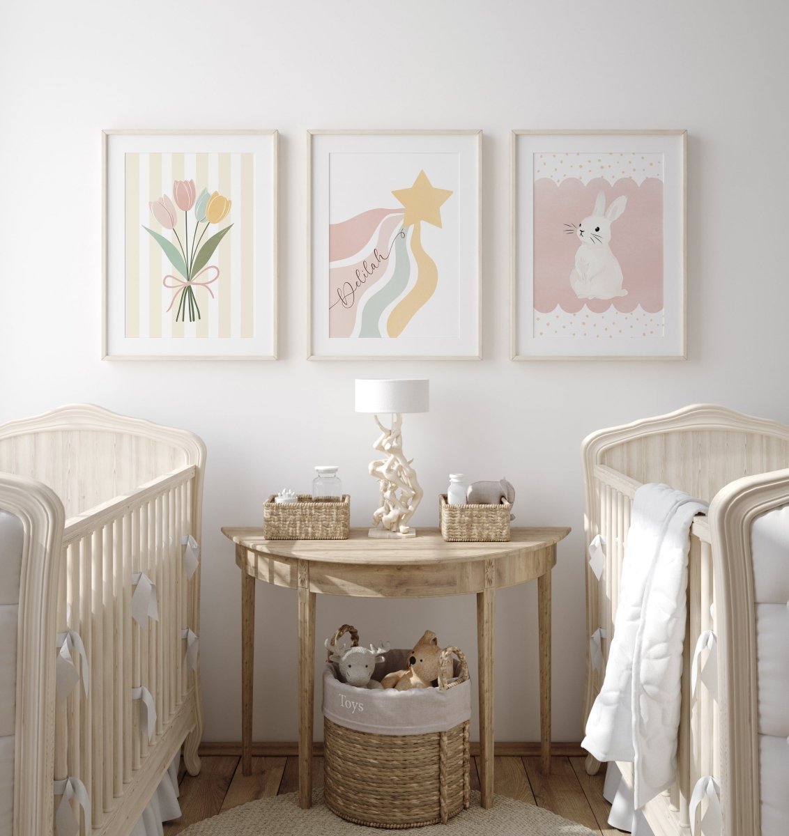 Pastel Colour Girls Nursery Prints | Set of 3 | Bunny, Star and Flowers - RoseRowanDesign - Wall Art