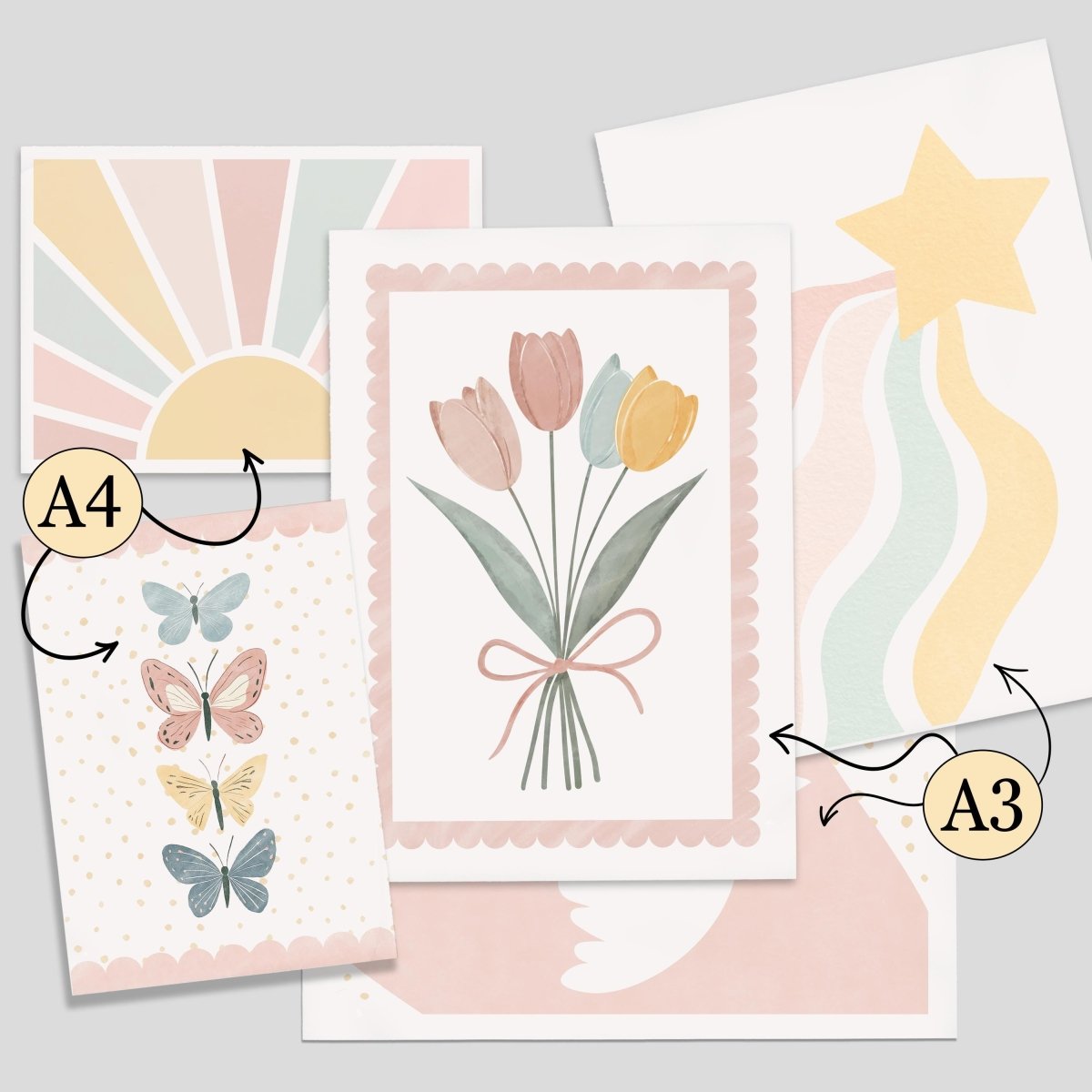 Pastel Nursery Gallery Wall Art – Tulips, Dove & Butterflies - RoseRowanDesign - Wall Art