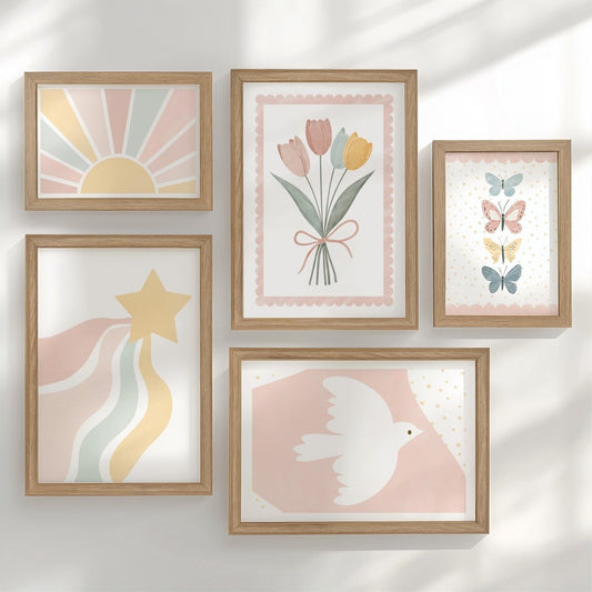 Pastel Nursery Gallery Wall Art – Tulips, Dove & Butterflies - RoseRowanDesign - Wall Art