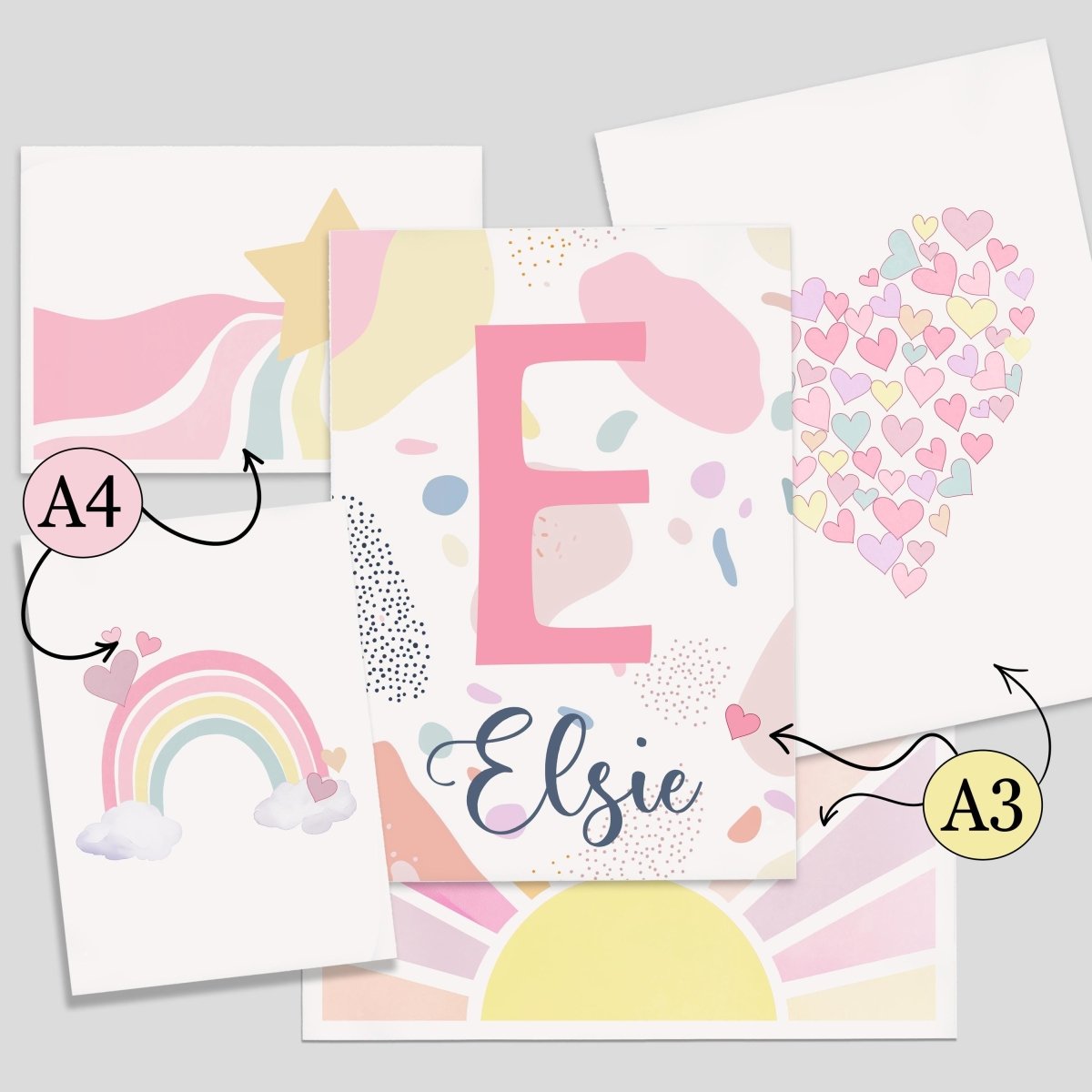 Pastel Rainbow Nursery Gallery Wall Prints – Heart & Name Art Set - RoseRowanDesign - Wall Art
