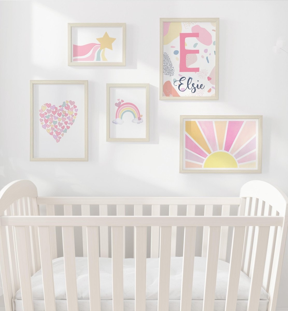 Pastel Rainbow Nursery Gallery Wall Prints – Heart & Name Art Set - RoseRowanDesign - Wall Art