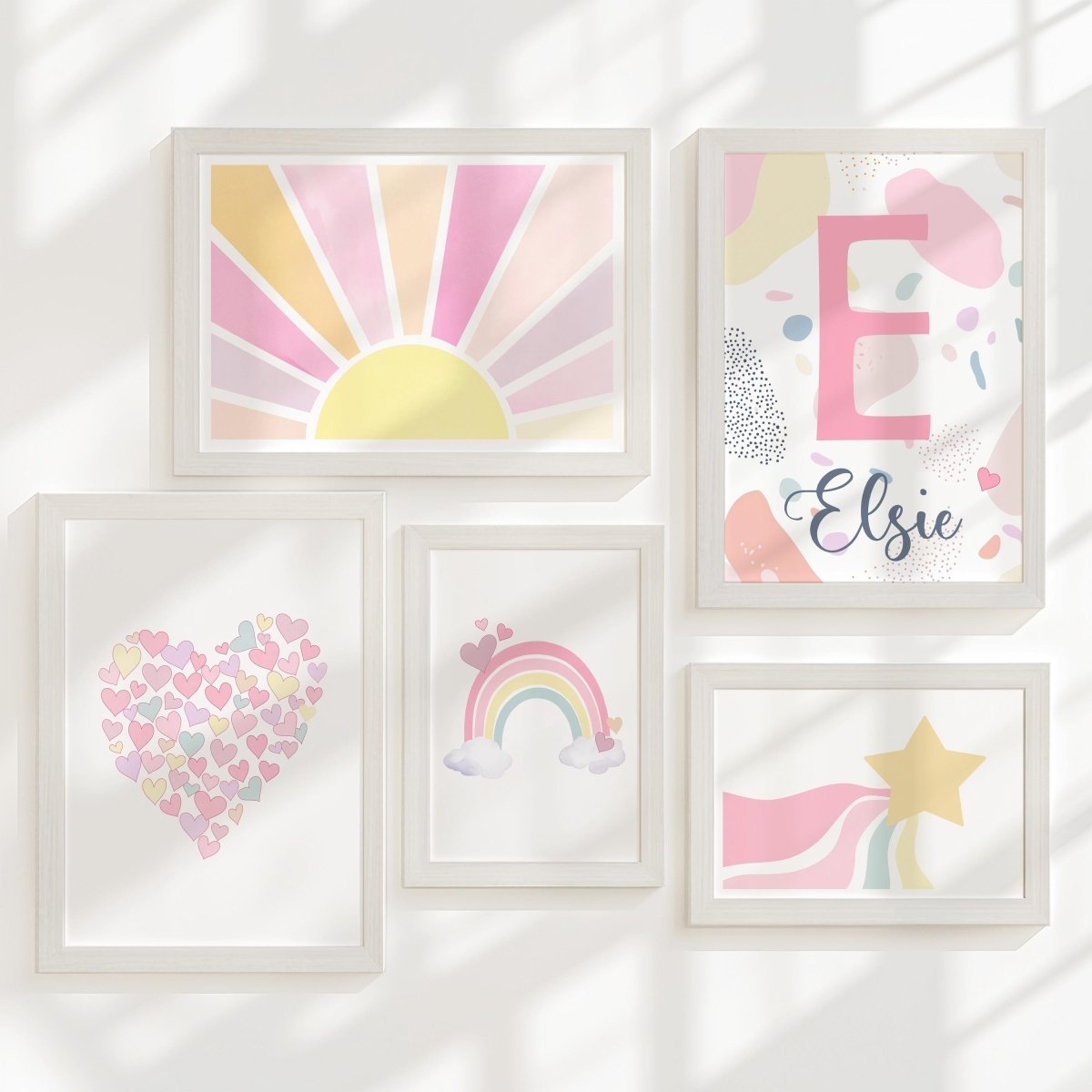 Pastel Rainbow Nursery Gallery Wall Prints – Heart & Name Art Set - RoseRowanDesign - Wall Art