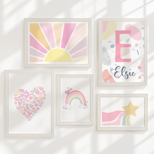 Pastel Rainbow Nursery Gallery Wall Prints – Heart & Name Art Set - RoseRowanDesign - Wall Art
