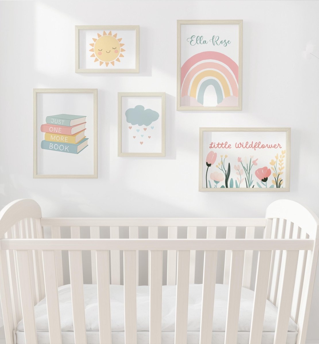 Pastel Rainbow Nursery Gallery Wall Prints – Personalised Name, Books & Wildflowers Set - RoseRowanDesign -