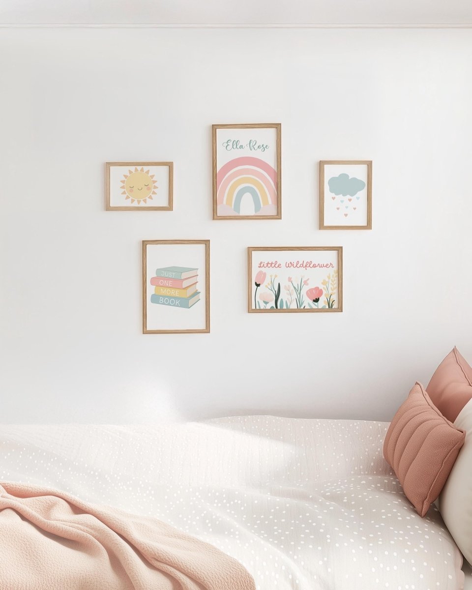 Pastel Rainbow Nursery Gallery Wall Prints – Personalised Name, Books & Wildflowers Set - RoseRowanDesign -