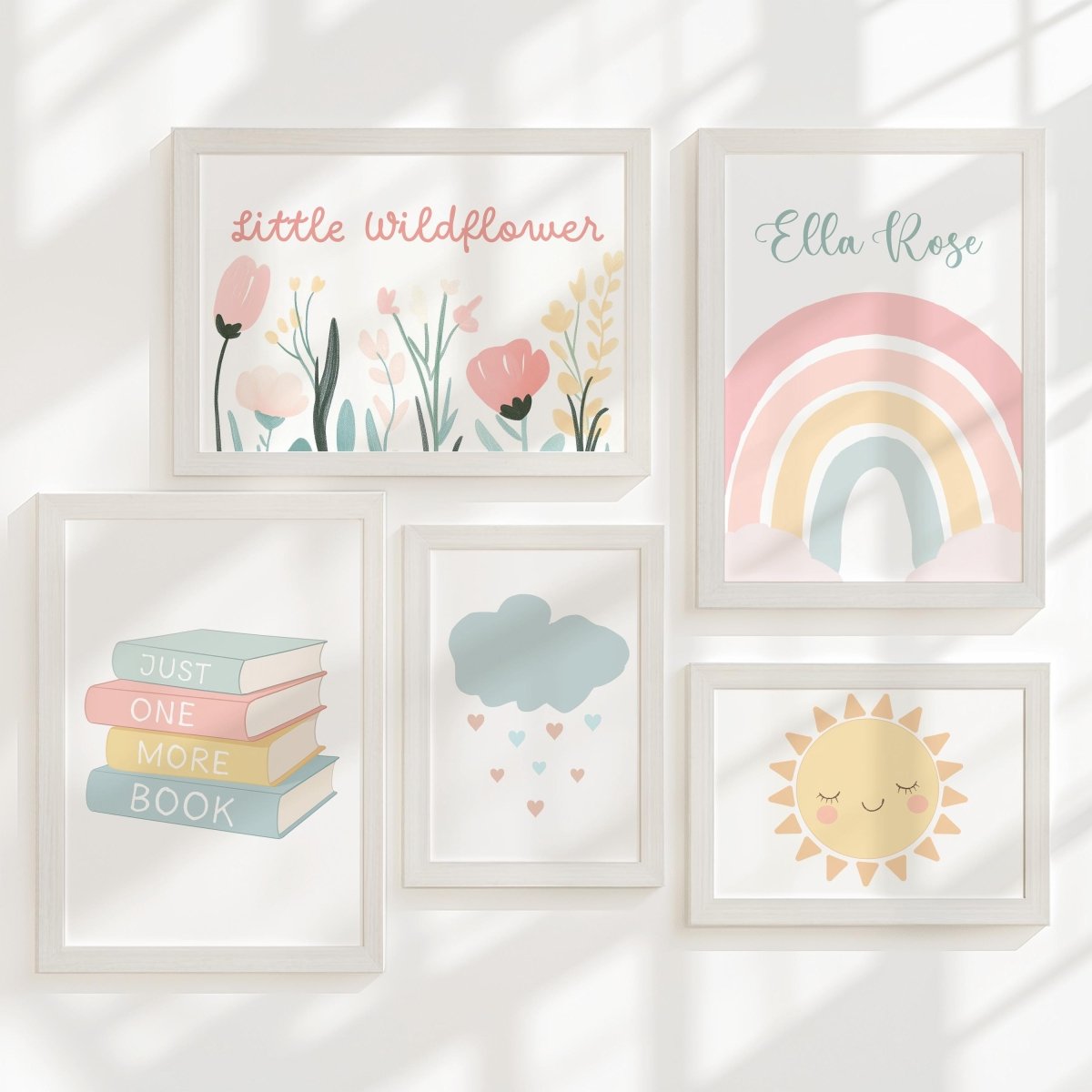 Pastel Rainbow Nursery Gallery Wall Prints – Personalised Name, Books & Wildflowers Set - RoseRowanDesign -