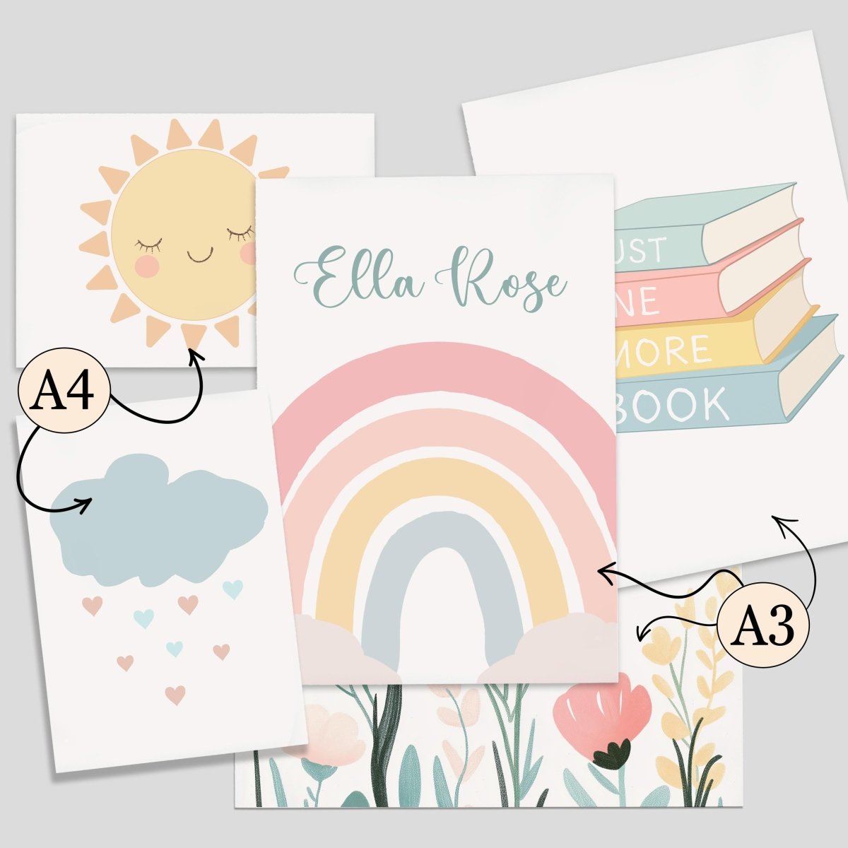 Pastel Rainbow Nursery Gallery Wall Prints – Personalised Name, Books & Wildflowers Set - RoseRowanDesign -