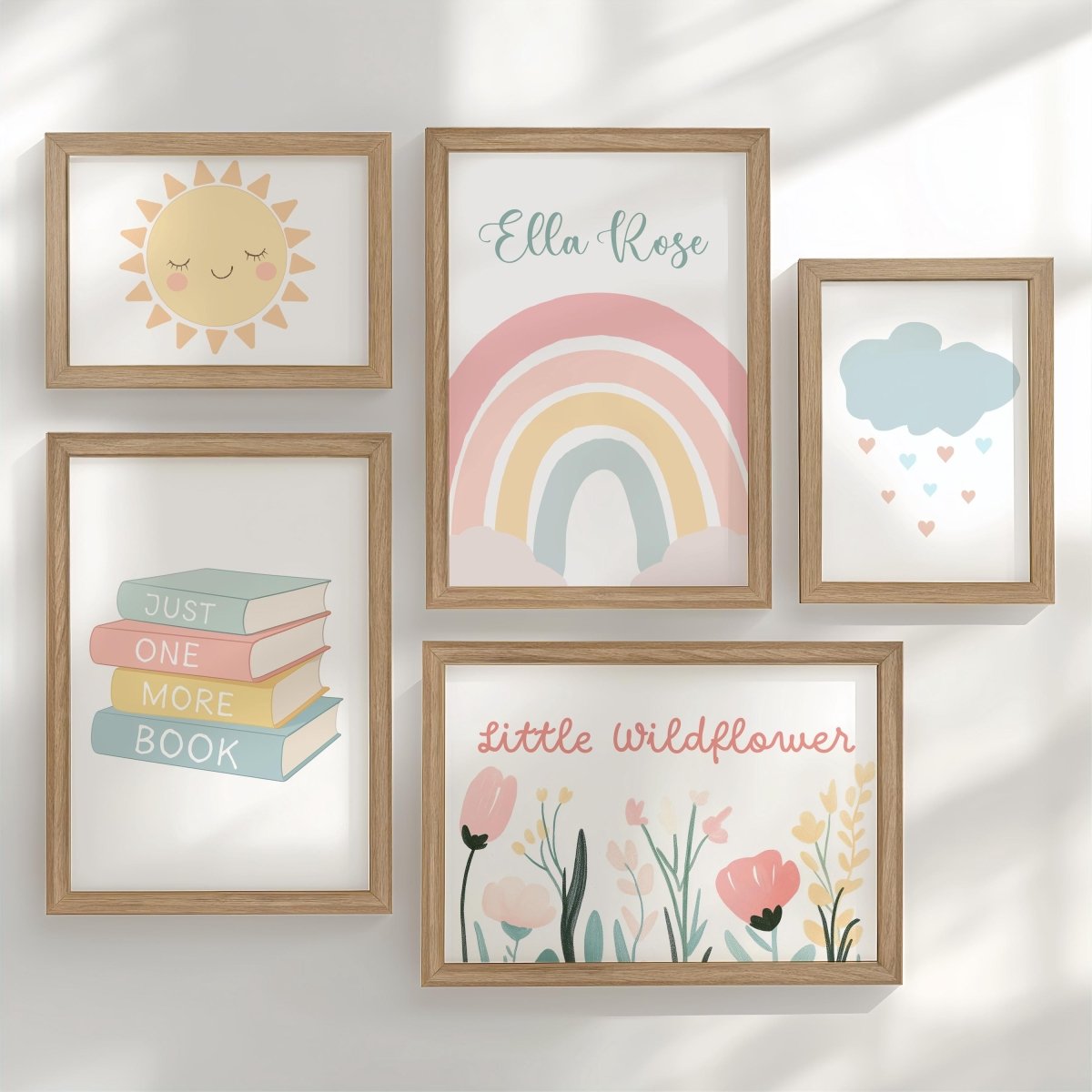 Pastel Rainbow Nursery Gallery Wall Prints – Personalised Name, Books & Wildflowers Set - RoseRowanDesign -