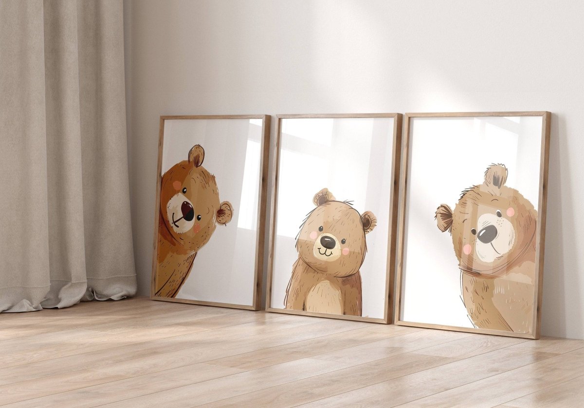 Peeking Bears Nursery Prints | Set of 3 Bear - Themed Gender Neutral Wall Art - RoseRowanDesign - Wall Art