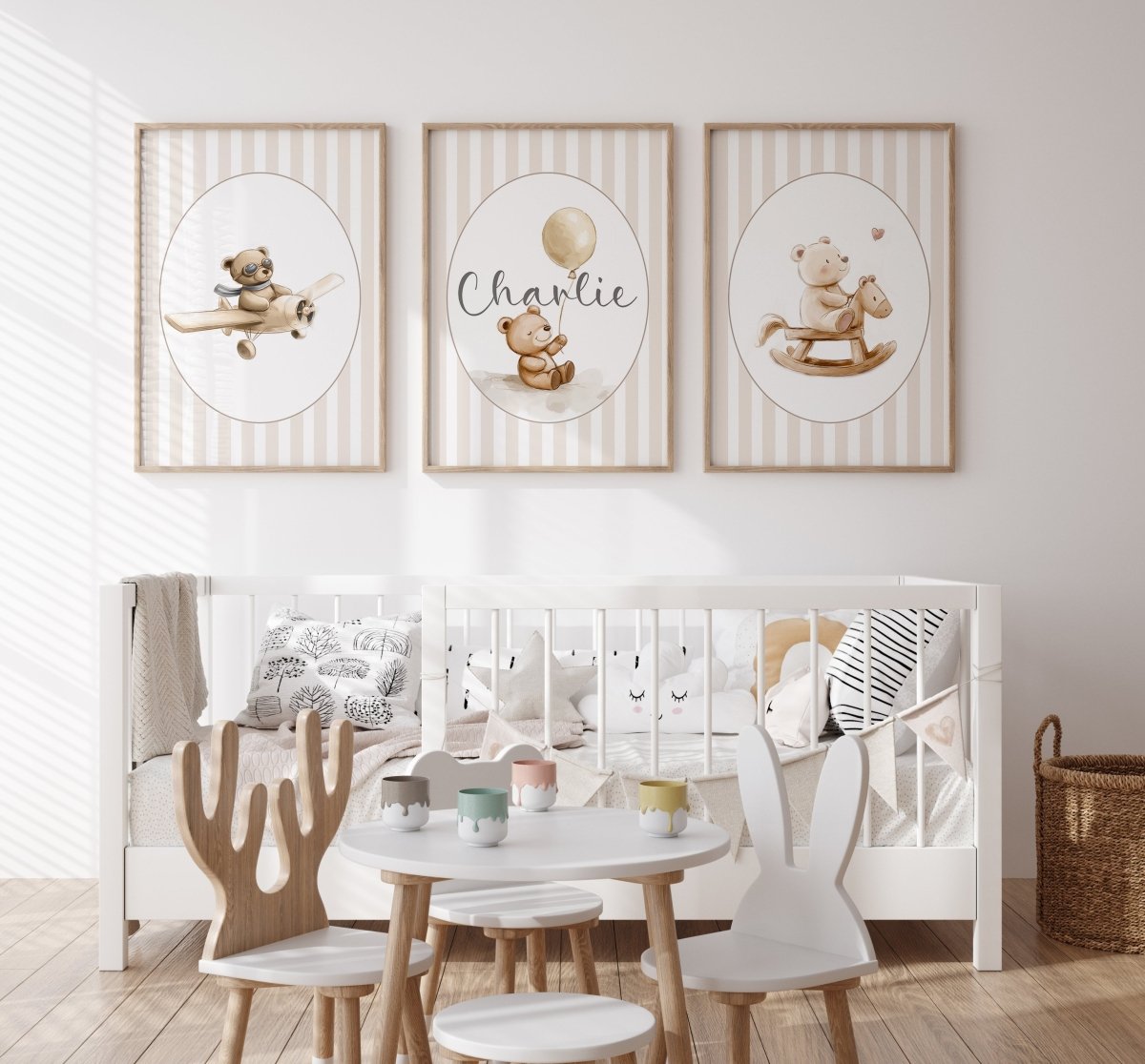 Personalised Bear Nursery Prints | Set of 3 | Beige Stripes - RoseRowanDesign - Wall Art