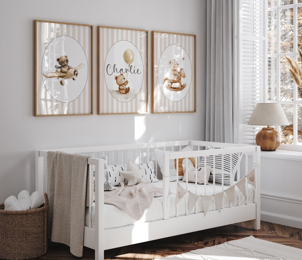 Personalised Bear Nursery Prints | Set of 3 | Beige Stripes - RoseRowanDesign - Wall Art