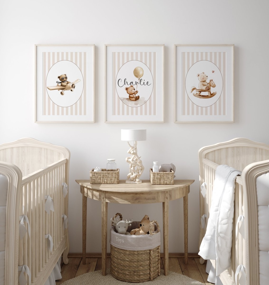 Personalised Bear Nursery Prints | Set of 3 | Beige Stripes - RoseRowanDesign - Wall Art