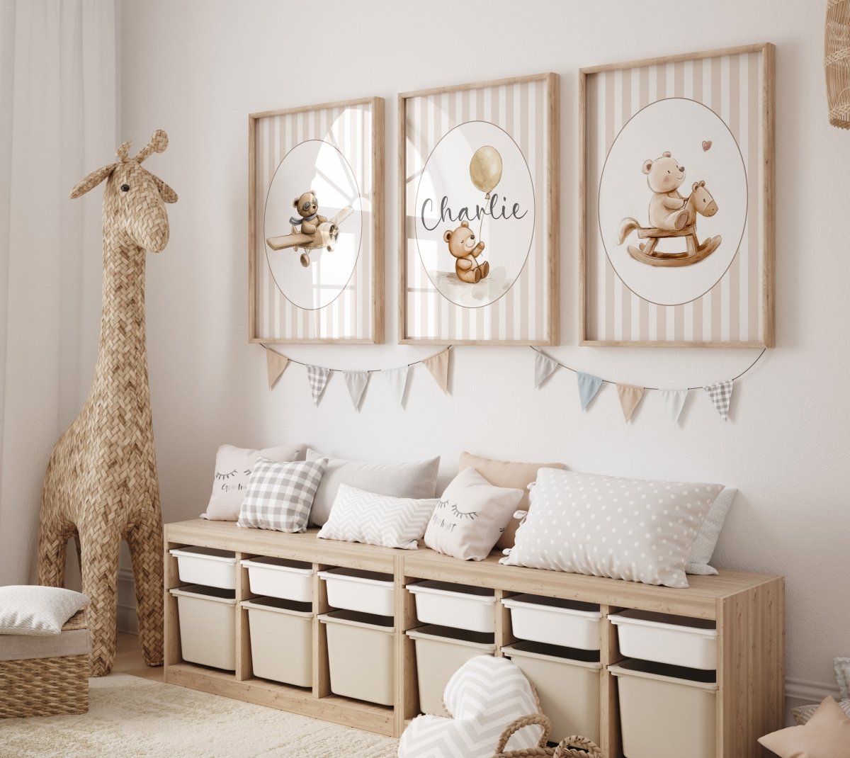 Personalised Bear Nursery Prints | Set of 3 | Beige Stripes - RoseRowanDesign - Wall Art