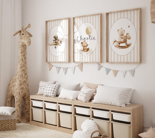 Personalised Bear Nursery Prints | Set of 3 | Beige Stripes - RoseRowanDesign - Wall Art
