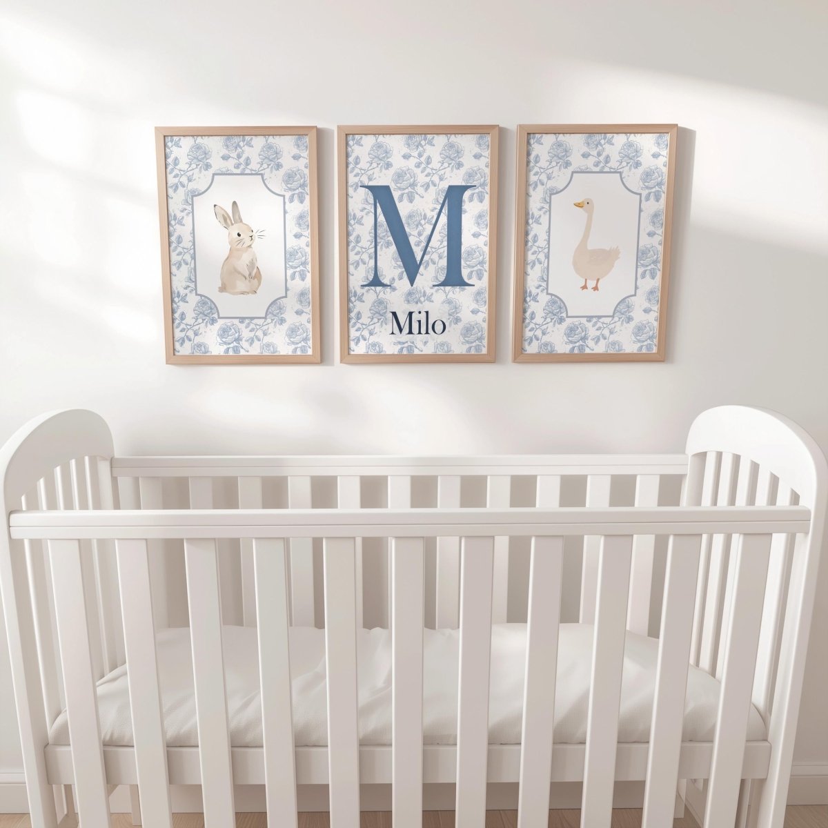 Personalised Blue Floral Bunny & Duck Nursery Prints - RoseRowanDesign -
