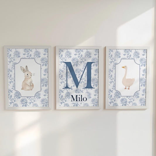 Personalised Blue Floral Bunny & Duck Nursery Prints - RoseRowanDesign -