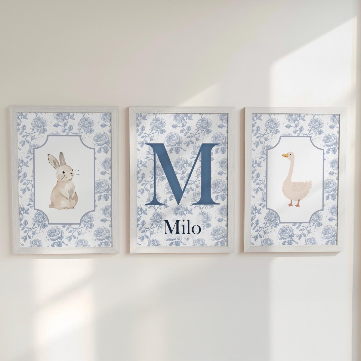Personalised Blue Floral Bunny & Duck Nursery Prints - RoseRowanDesign -