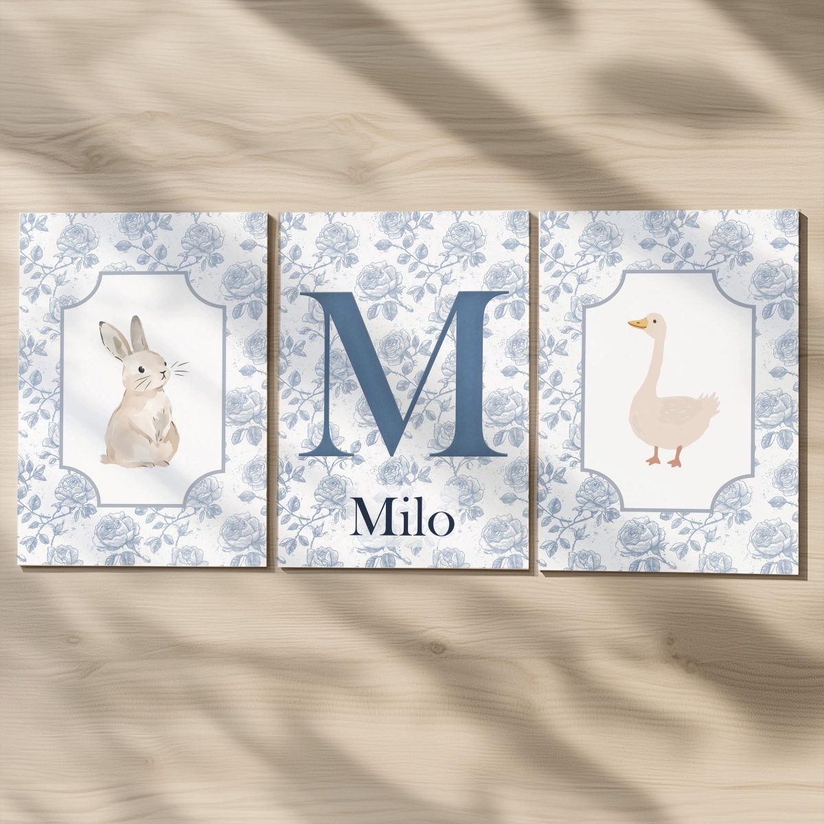 Personalised Blue Floral Bunny & Duck Nursery Prints - RoseRowanDesign -