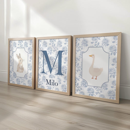 Personalised Blue Floral Bunny & Duck Nursery Prints - RoseRowanDesign -