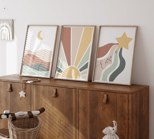 Personalised Boho Star, Sun & Moon | Set of 3 | Mid Century kids room - RoseRowanDesign - Wall Art
