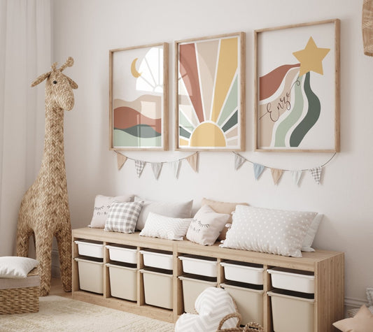 Personalised Boho Star, Sun & Moon | Set of 3 | Mid Century kids room - RoseRowanDesign - Wall Art