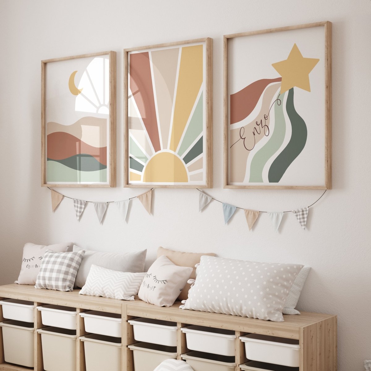 Personalised Boho Star, Sun & Moon | Set of 3 | Mid Century kids room - RoseRowanDesign - Wall Art