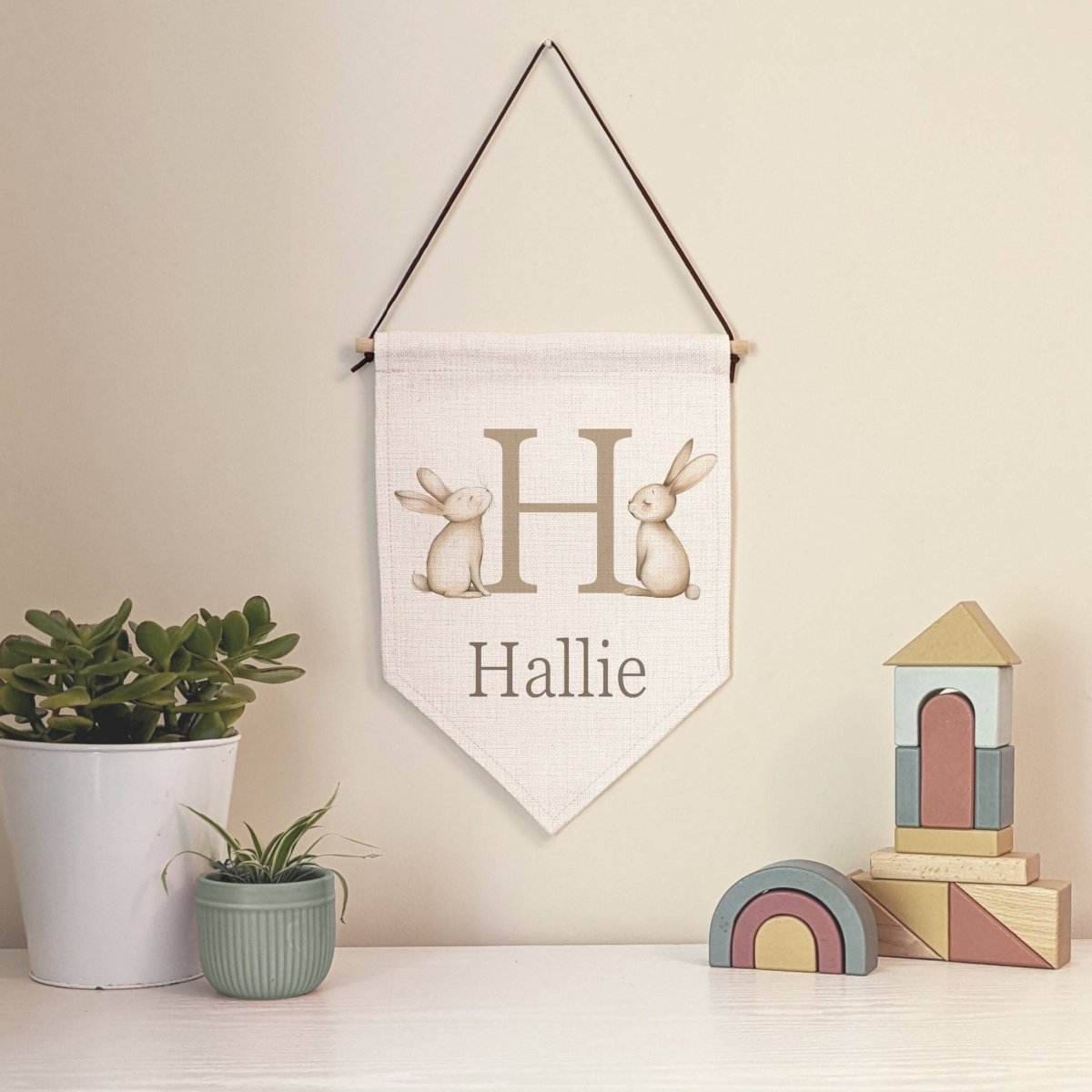 Personalised Bunny Name Pennant Wall Flag | Beige Nursery Decor for Baby - RoseRowanDesign - Wall Art