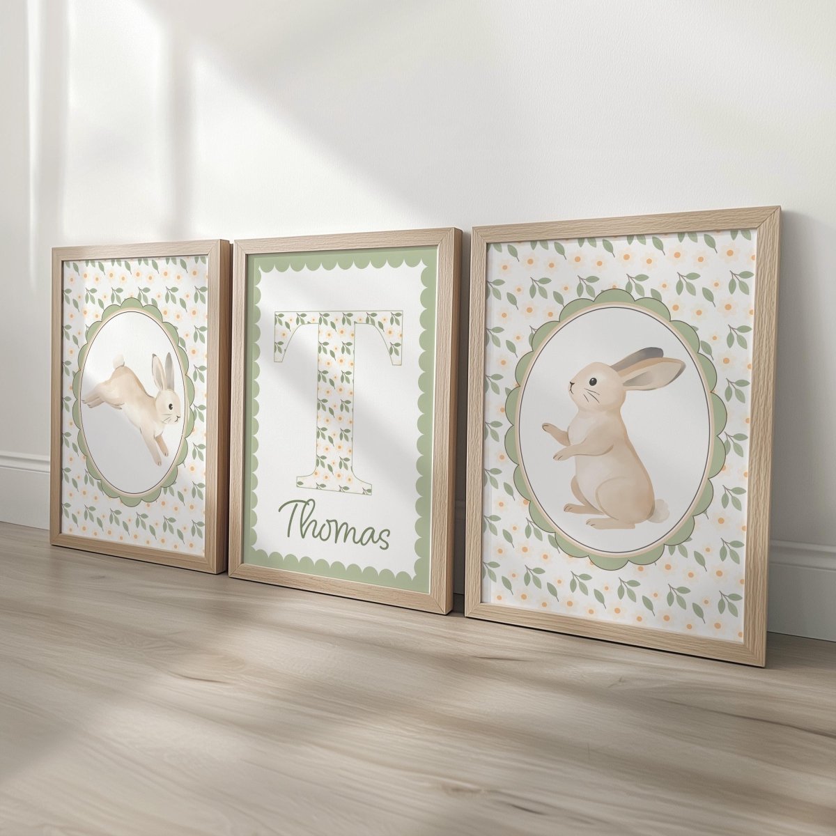 Personalised Bunny Nursery Print Set - Custom Name Initial Wall Art - RoseRowanDesign -